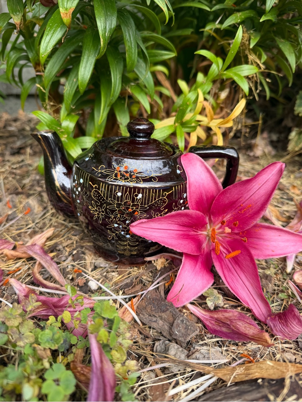 Dark Brown Floral Ceramic Teapot with Pink Accent